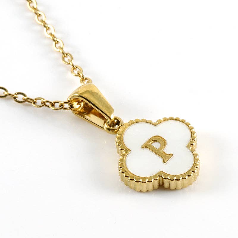Clover Shell Initial Charm 18K Golden S.Steel Necklace - FGS with a gold pendant featuring a letter 'P'.