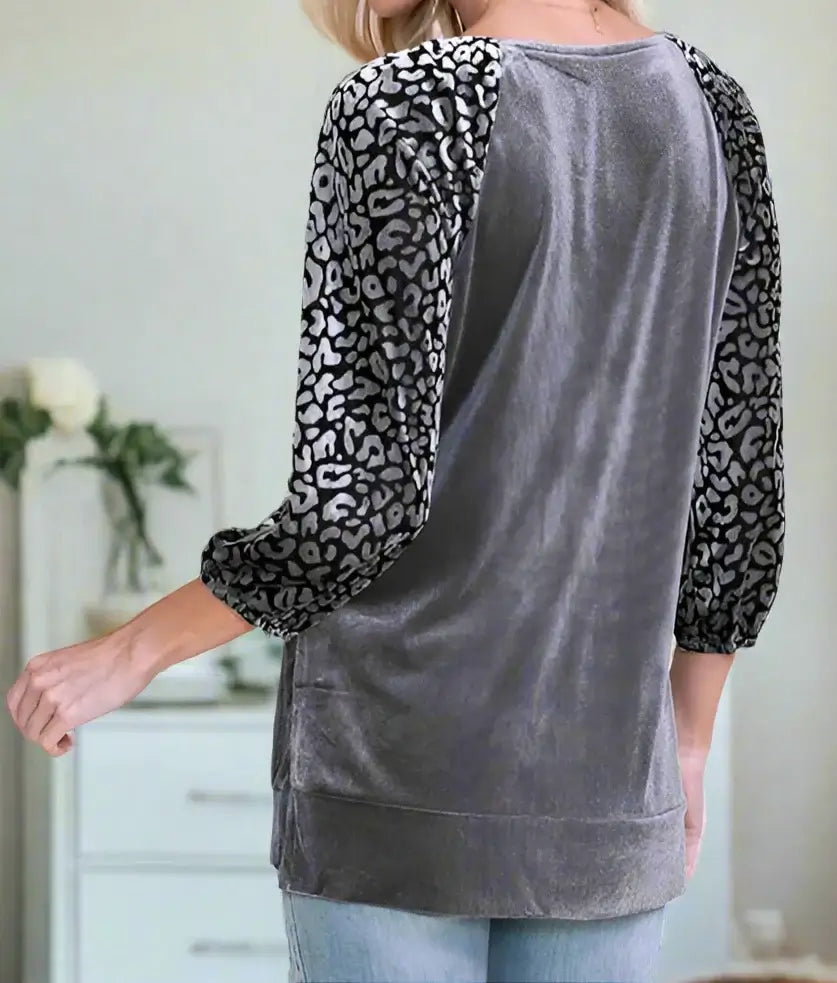 Stylish velvet leopard print top with raglan lantern sleeves, back view, elegant and sophisticated design by Vivian-Lu.