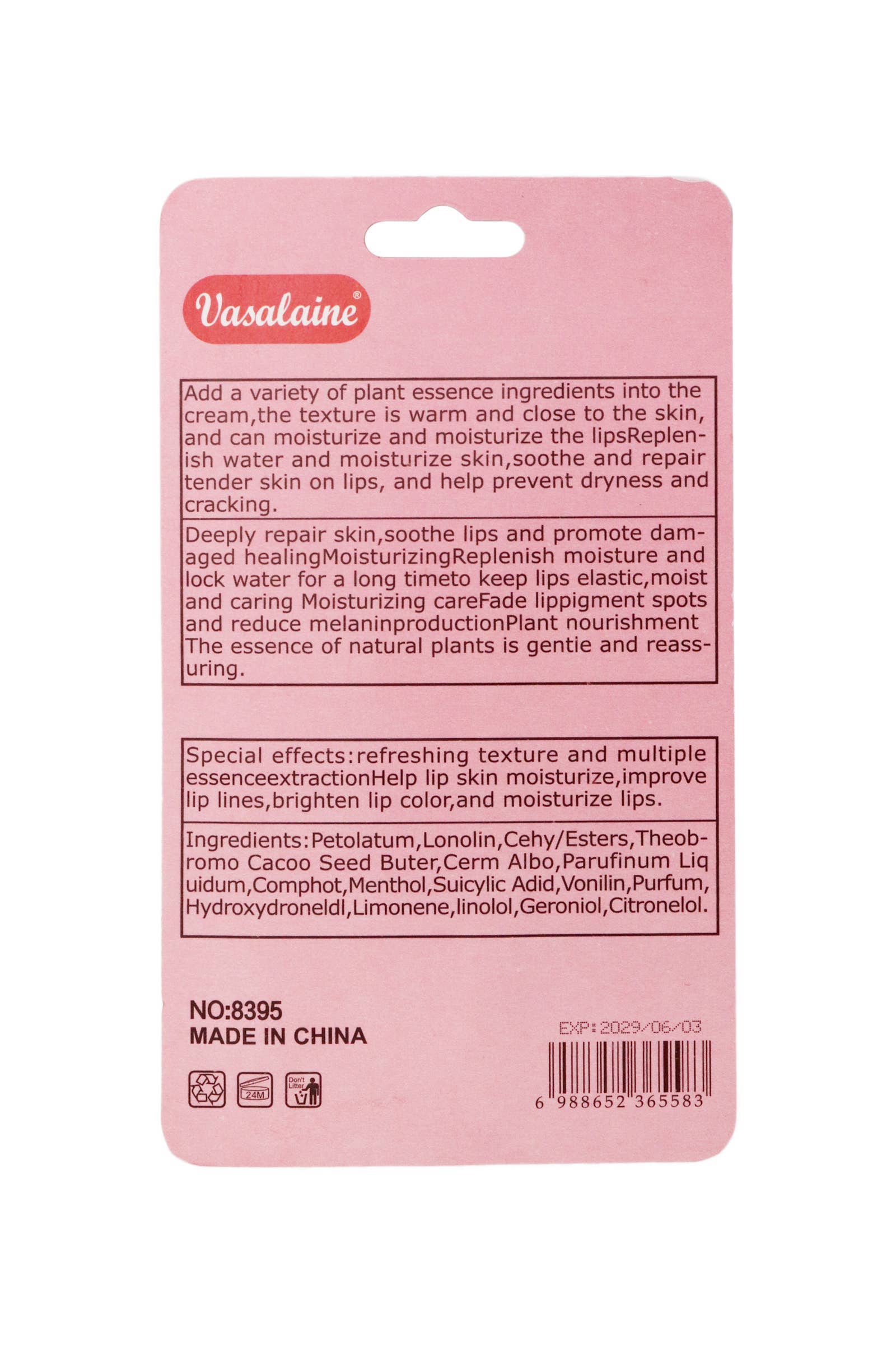 Label on Strawberry Scented Gel Lip Balm Squeeze Tube - 36 Pcs featuring ingredients and usage instructions.