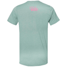 LULU MAC- OCD TEE IN DUSTY MINERAL WASH BLUE back view showcasing soft mineral wash fabric and brand logo in pink.
