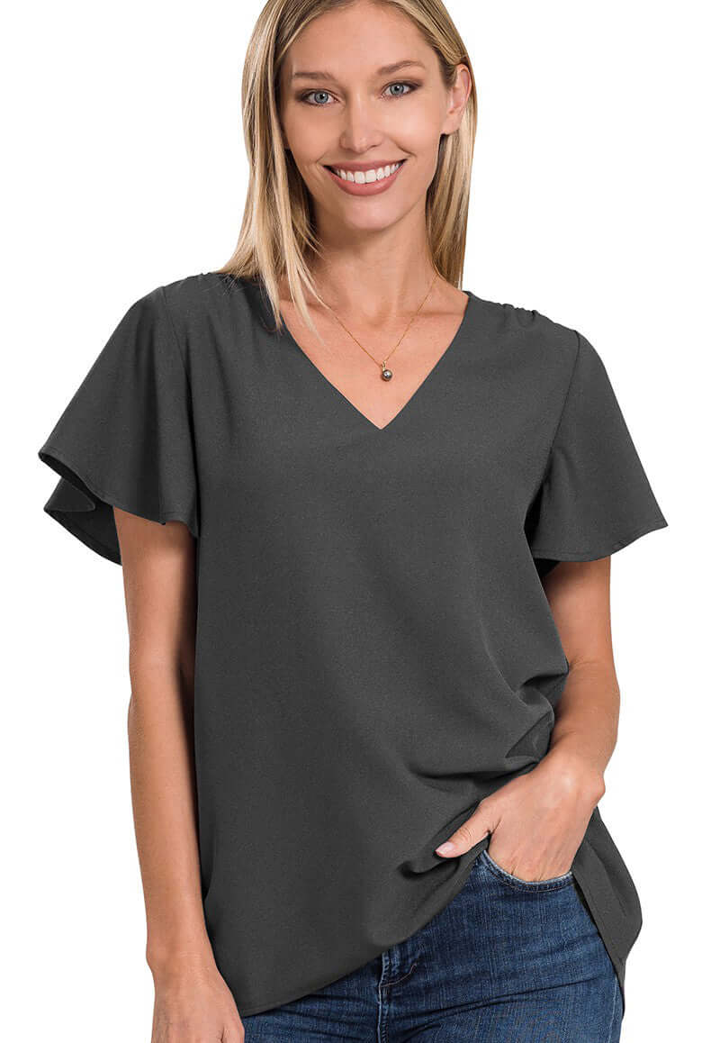 WAVE OF ENTHUSIASM TOP 2.0 by Zenana in charcoal, featuring flutter sleeves and a stylish v-neck.