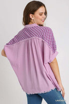 Back view of Sugarplum Sass Top by Umgee, featuring lavender fabric and gingham check accents.