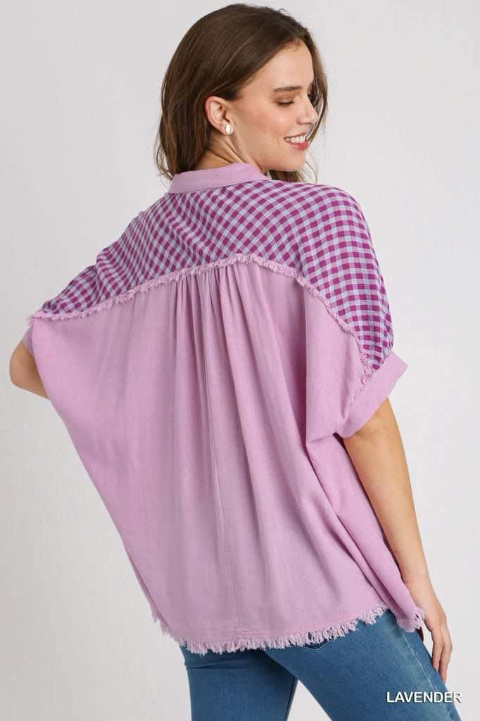Back view of Sugarplum Sass Top by Umgee, featuring lavender fabric and gingham check accents.