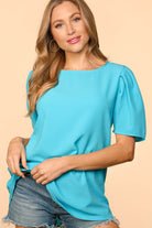Blue Haven Top by Haptics, aqua crepe blouse with bubble puff sleeves and round neckline.