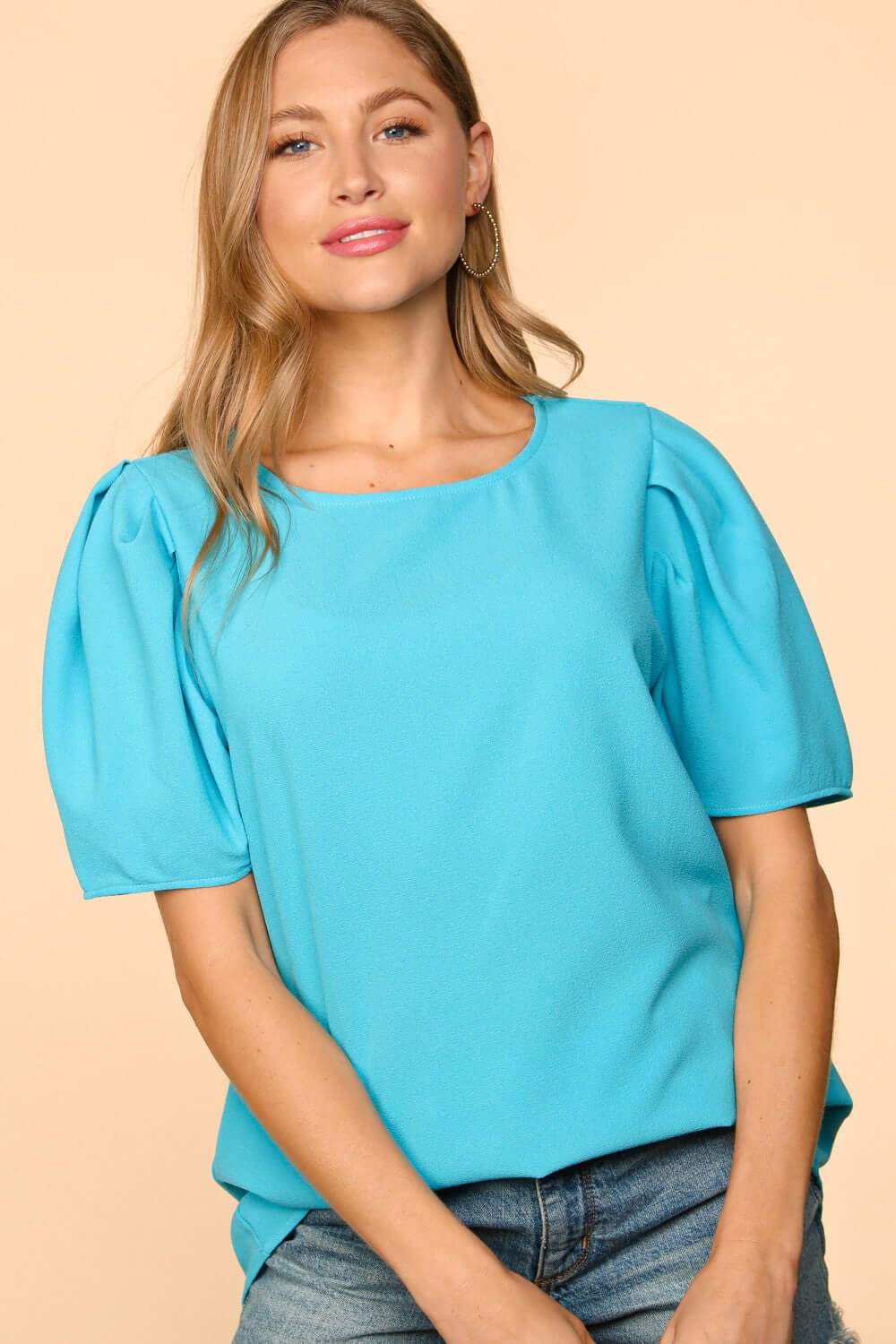 Blue Haven Top by Haptics in aqua, featuring bubble puff sleeves and round neckline.