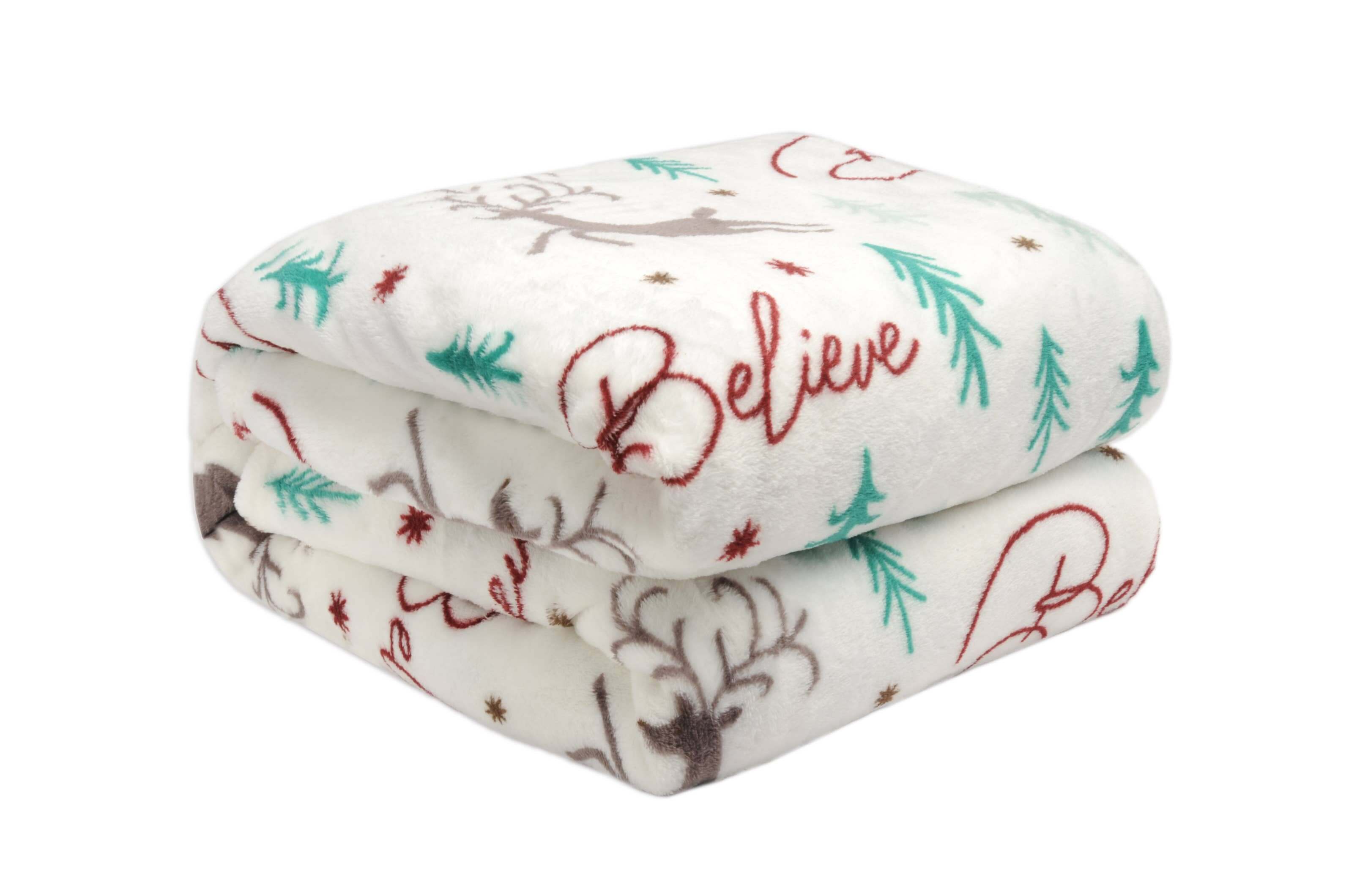 Christmas Cheer Plush Throw Blanket by Kathy Ireland with festive design of reindeer, trees, and "Believe" text in flannel fleece mix.