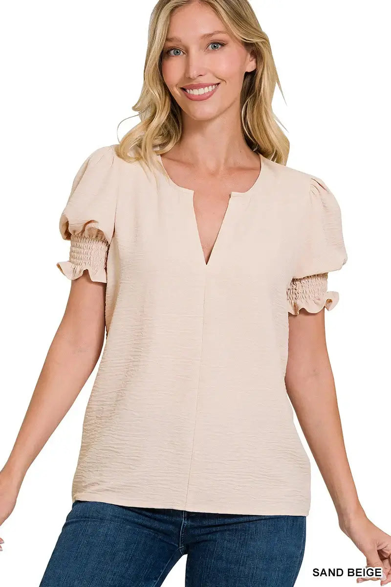 Zenana ALL DRESSED UP Top in sand beige, featuring v-neck and smocked puff sleeves, perfect for versatile styling.