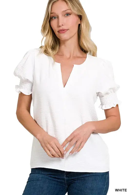 Zenana ALL DRESSED UP Top in white with smocked puff sleeves and v-neck, perfect for casual or dressy occasions.