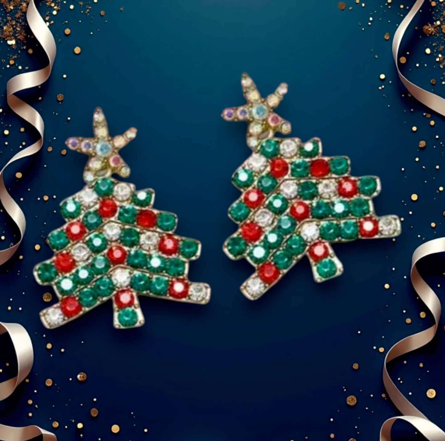 Festive Holiday Tree Earrings with colorful gem stars in green, red, and white, perfect for Christmas outfits.