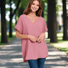 Air Kiss Top by Zenana in light rose, featuring a V-neckline and high-low hem for effortless style.