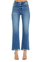 Risen Nora Jeans featuring a relaxed straight fit, medium dark wash, and frayed hem for subtle distressing.