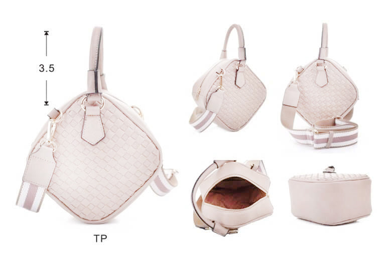 Christine Woven Women's Crossbody Bag with rhombus pattern and detachable strap, dimensions 7.75x5.25x7.5 inches.