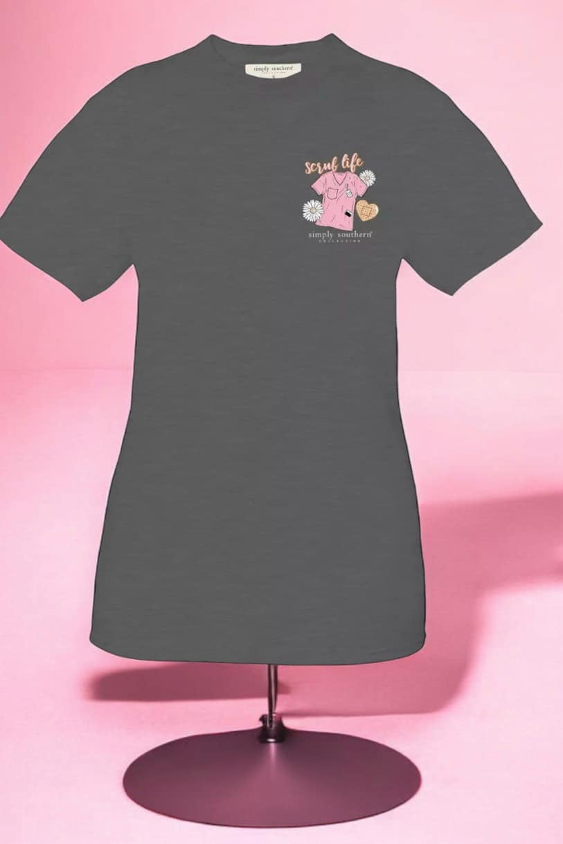 Simply Southern Scrub Life T-Shirt for healthcare enthusiasts on a mannequin with pink background.