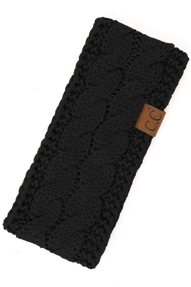 C.C Sherpa Lined Cable Knit Headband in black, soft and stylish, perfect for winter fashion.
