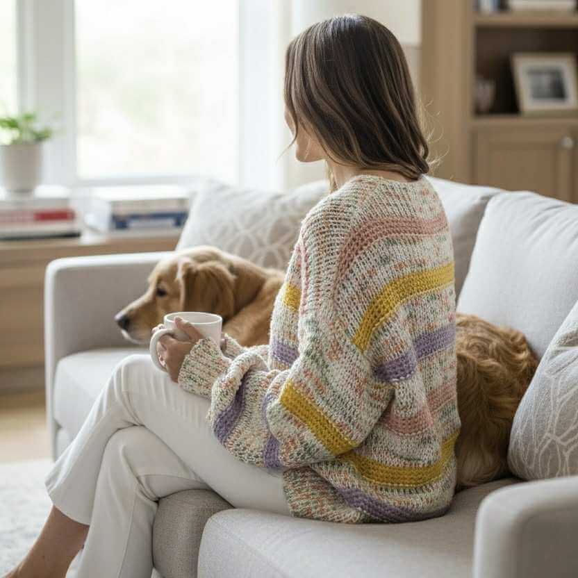 A woman wearing an EASY LIKE SUNDAY SWEATER, relaxing on a couch with a dog, enjoying her coffee in a cozy setting.