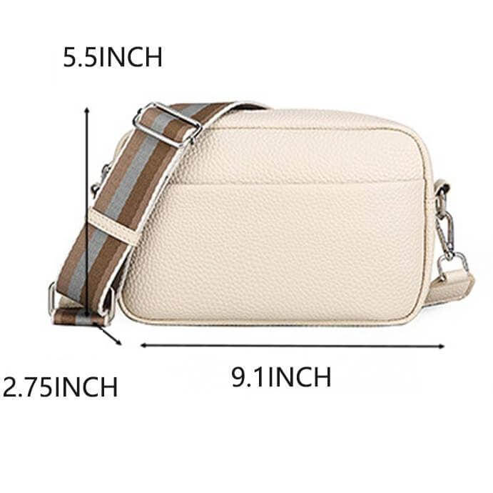 Beige SAMANTHA Crossbody Bag with Montana West straps and dimensions 9.1x2.75x5.5 inches. Durable PU leather.