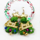 Christmas Theme Dangle Earring Set featuring festive tree designs with gold stars and colorful ornaments.