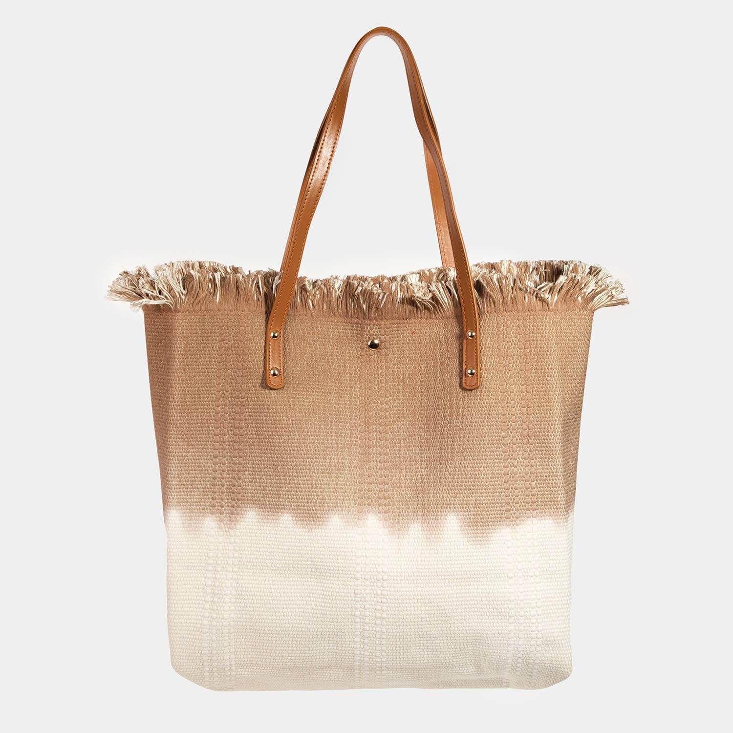 Two-tone square tote bag made of 100% polyester with stylish fringed top and leather handles.