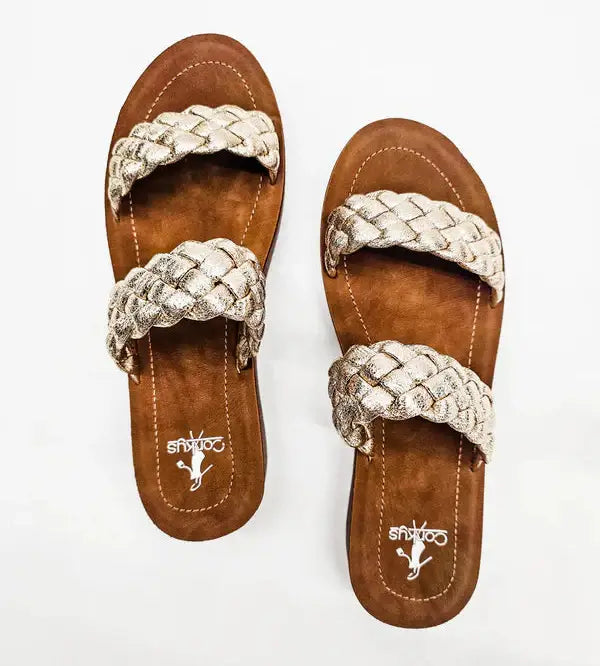 Corkys Wind It Up gold braided sandals with cushioned footbed for stylish comfort.