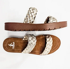 Corkys Wind It Up gold braided sandals with cushioned footbed, perfect for stylish comfort.