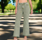 Find Your Way jeans by Zenana in sage color, featuring high waist and frayed hem, perfect for stylish comfort.