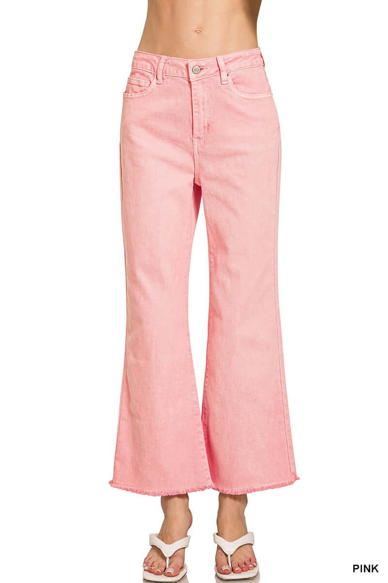 DREAM FIT FLARES (pink) high waist acid-washed jeans with flared hem and good stretch for style and comfort.