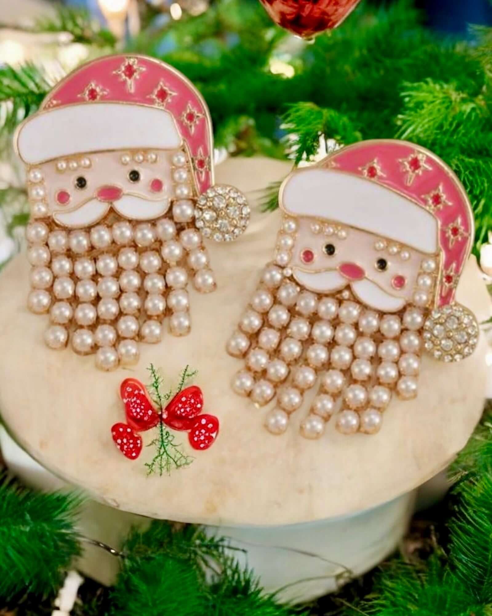 Festive Father Christmas earrings featuring faux pearl beard and rhinestones, perfect for holiday celebrations.