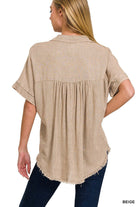 Women’s beige washed linen blend top with raw edge and v-neck design, perfect for casual or formal wear.