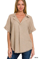 Beige washed linen blend top with raw edges and v-neck design by Zenana, perfect for casual and formal wear.