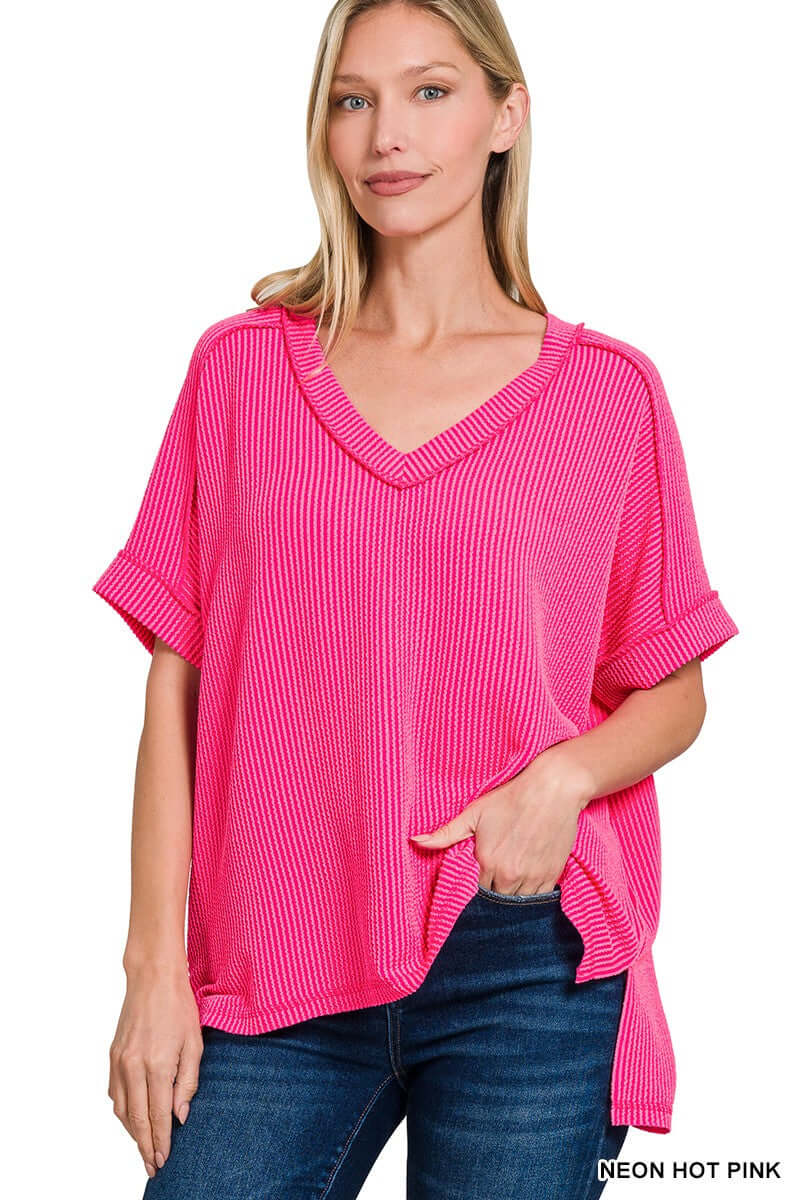 Trendy neon hot pink rib knit top with short sleeves and hi-low v-neck from Zenana, perfect for a chic casual look.