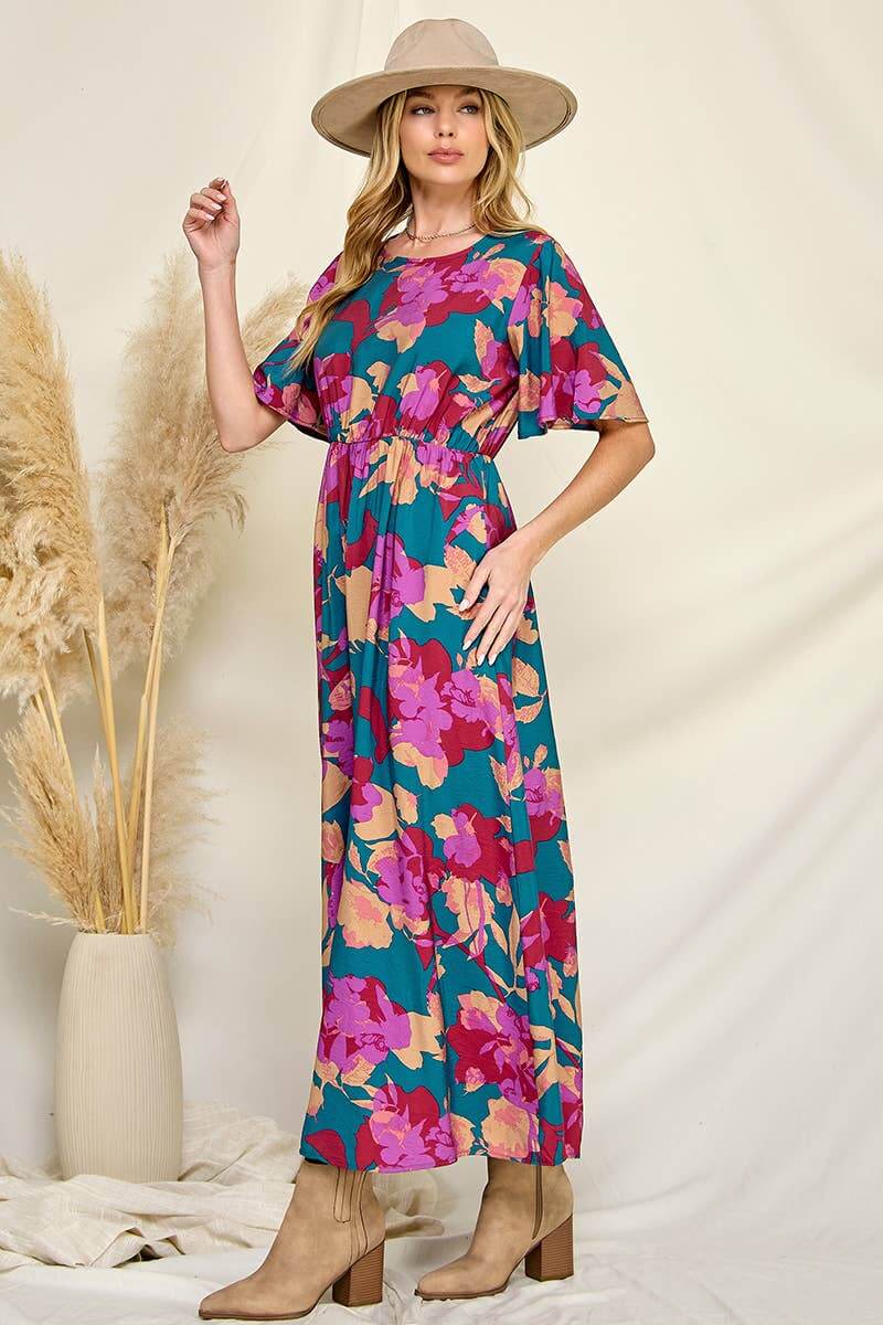 H2481D Floral Maxi Dress featuring vibrant floral prints and a flowy silhouette, perfect for summer outings.