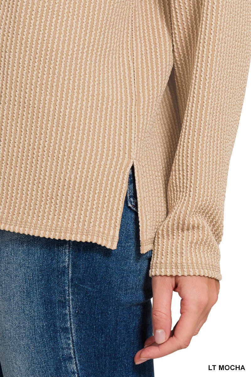 Detail of COMFORT THEORY RIBBED TOP (lt mocha) showcasing the textured rib knit and relaxed fit.