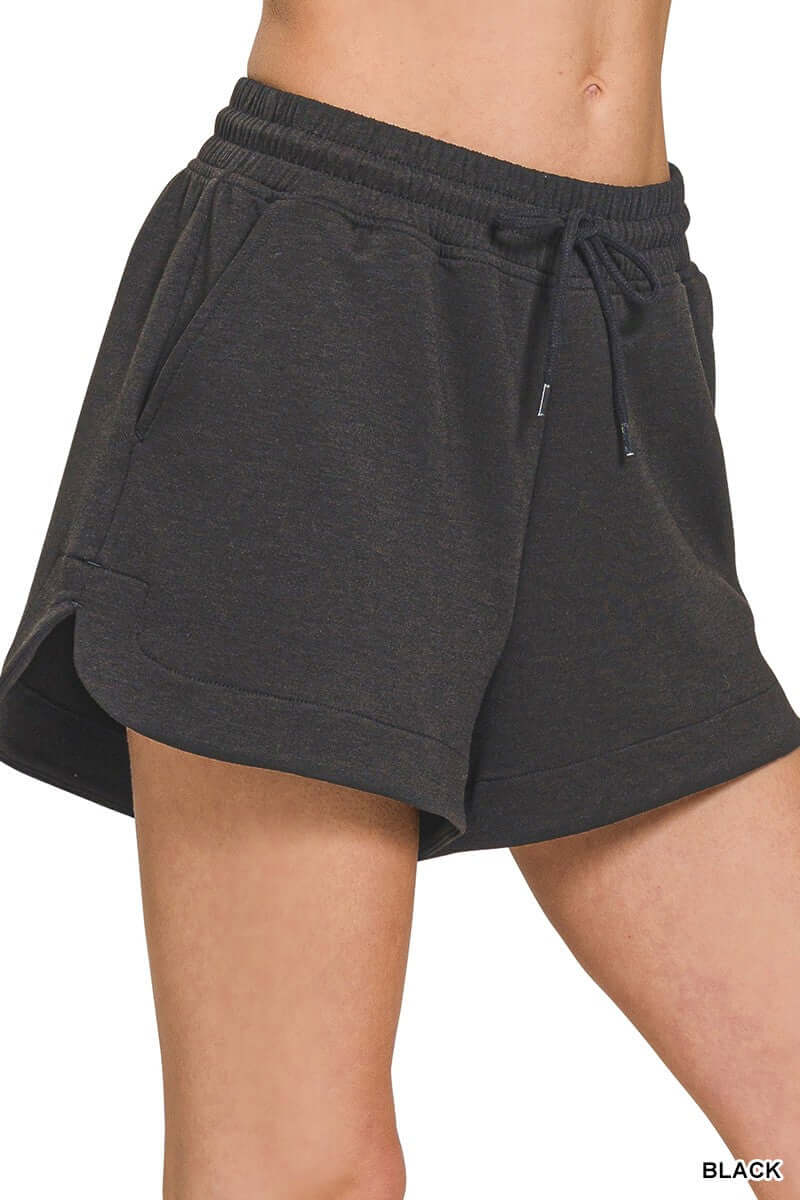 Black Carry On Scuba shorts by Zenana with elastic waistband and pockets, perfect for comfort and style.