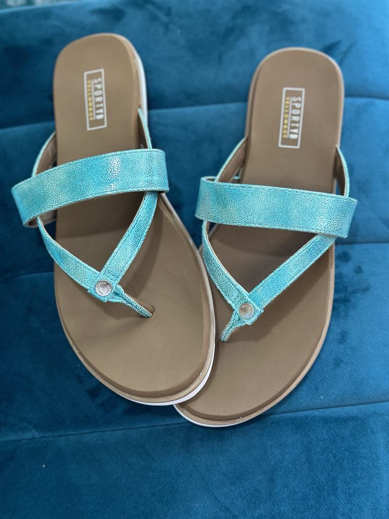 YELLOW BOX SHAYNE sandals in turquoise shimmer, featuring stylish multi-straps and logo stud on a sleek flip-flop design.