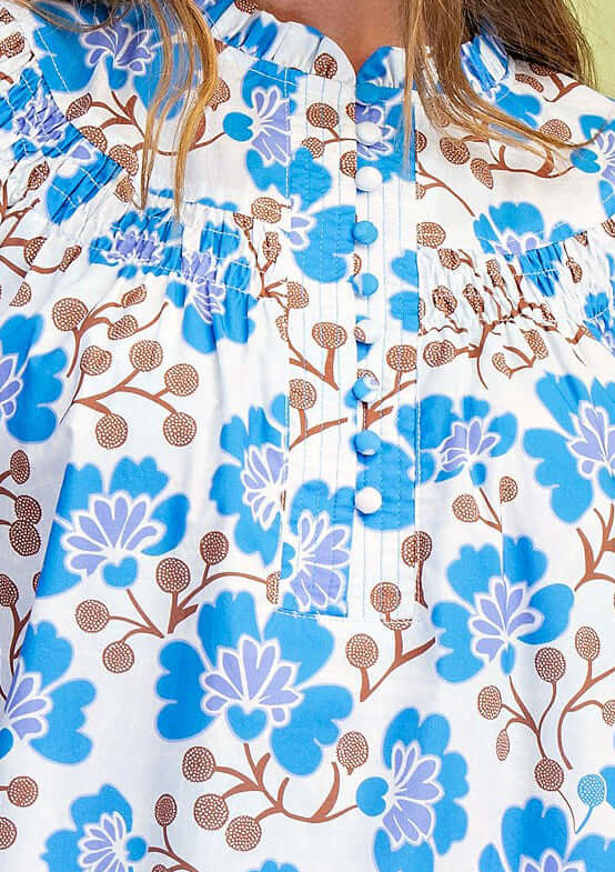 CHEERFUL OUTLOOK DRESS - Gigio detail showing vibrant blue floral print and smock-edged yoke design.