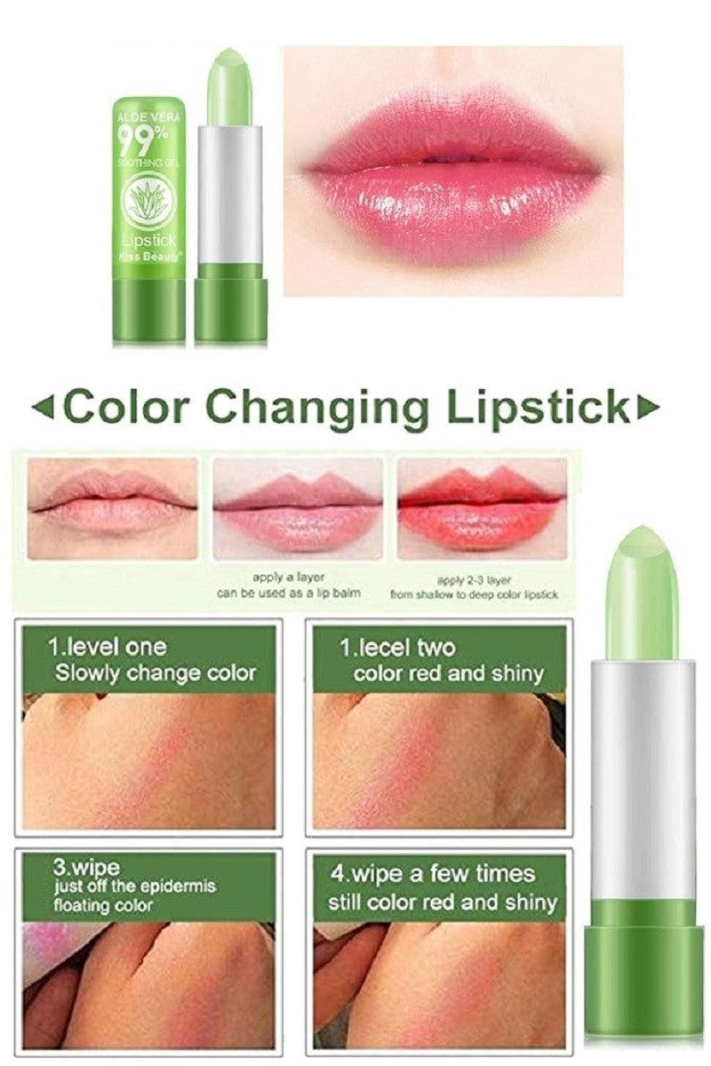 ALOE LUXE LIP GLOW - Color Changing Lipstick showing application layers and effects on lips for hydration and shine.