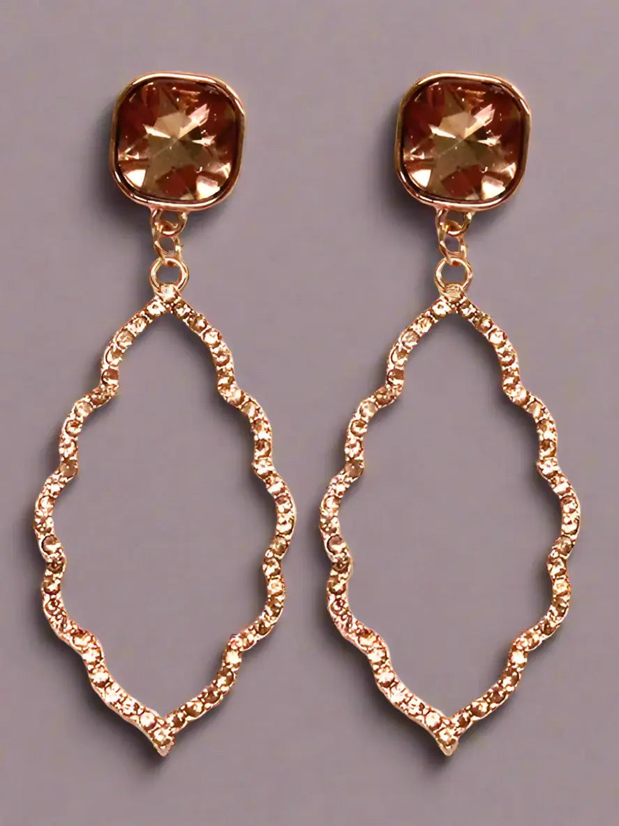 Sparkle & Shine Earrings in Rose Gold with rhinestone geometric design, 1x2.9 inches, elegant dangle style.