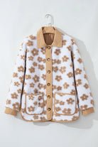 HONEY BLOSSOM SHERPA JACKET with a cute flower pattern in light French beige, featuring a button-up design.