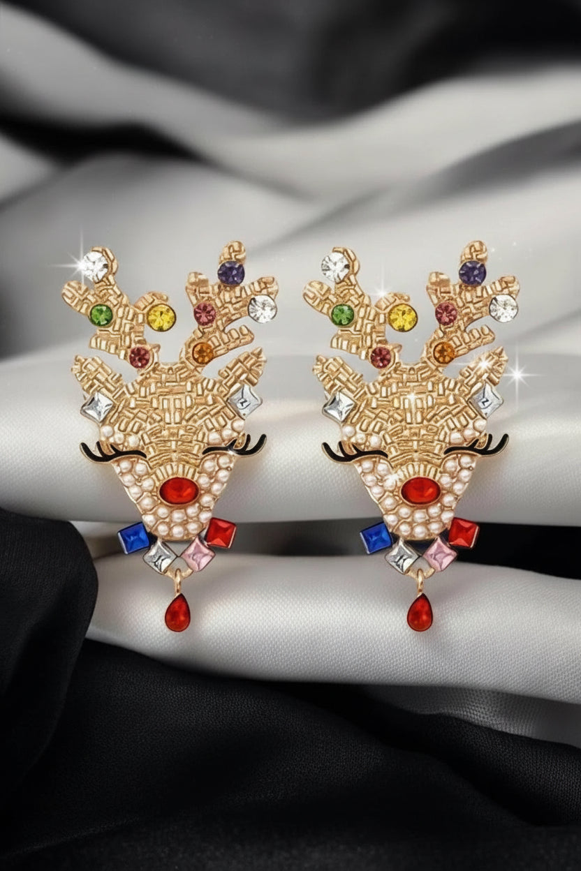 Gold tone rhinestone reindeer stud Christmas earrings with colorful stones, measuring 2" x 1.25".