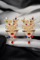 Creative gold tone rhinestone reindeer stud earrings with colorful stones, perfect for Christmas, 2" x 1.25".