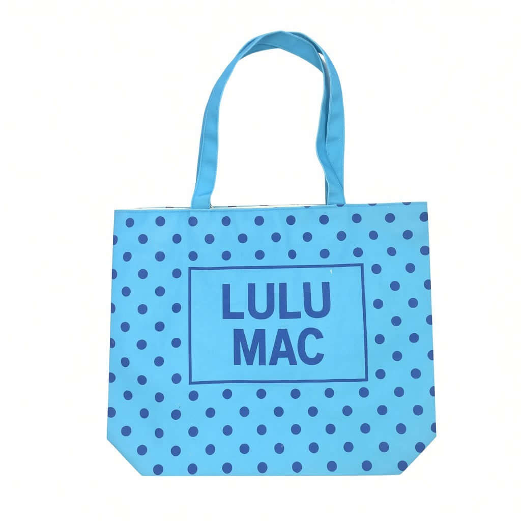 LULU MAC DOT & DASH TOTE BAG (4 colors) featuring a blue polka dot design and logo, perfect for carrying essentials.