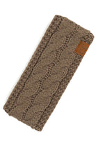 C.C Sherpa lined cable knit headband in brown, ultra-soft, warm, stylish, perfect for winter fashion.