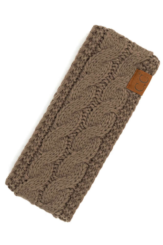 C.C Sherpa lined cable knit headband in brown, ultra-soft, warm, stylish, perfect for winter fashion.