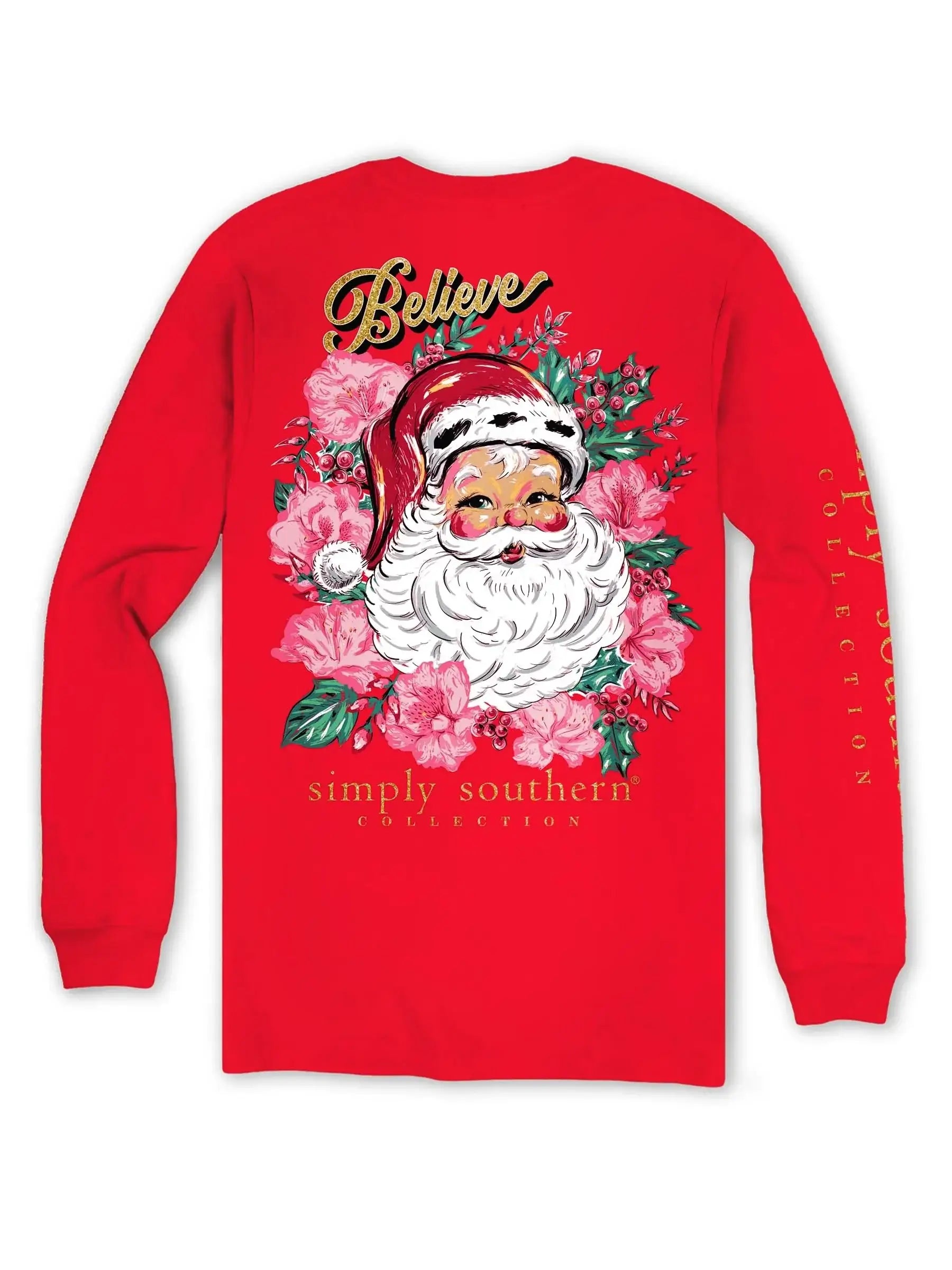 Festive red long sleeve tee featuring Santa surrounded by floral designs, perfect for holiday cheer and comfort.