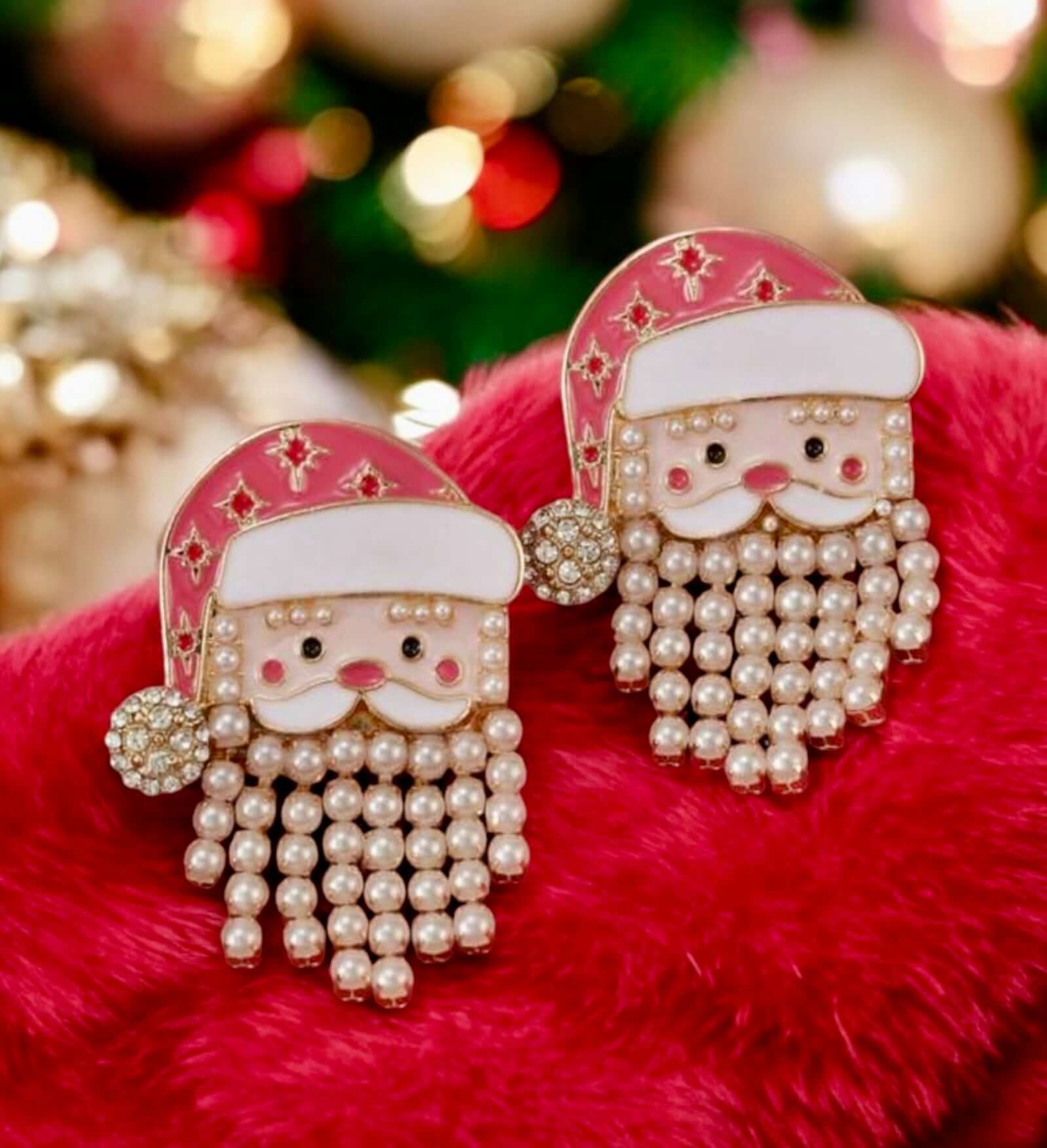 Festive Father Christmas earrings with rhinestones and faux pearl beard, perfect for holiday outfits.