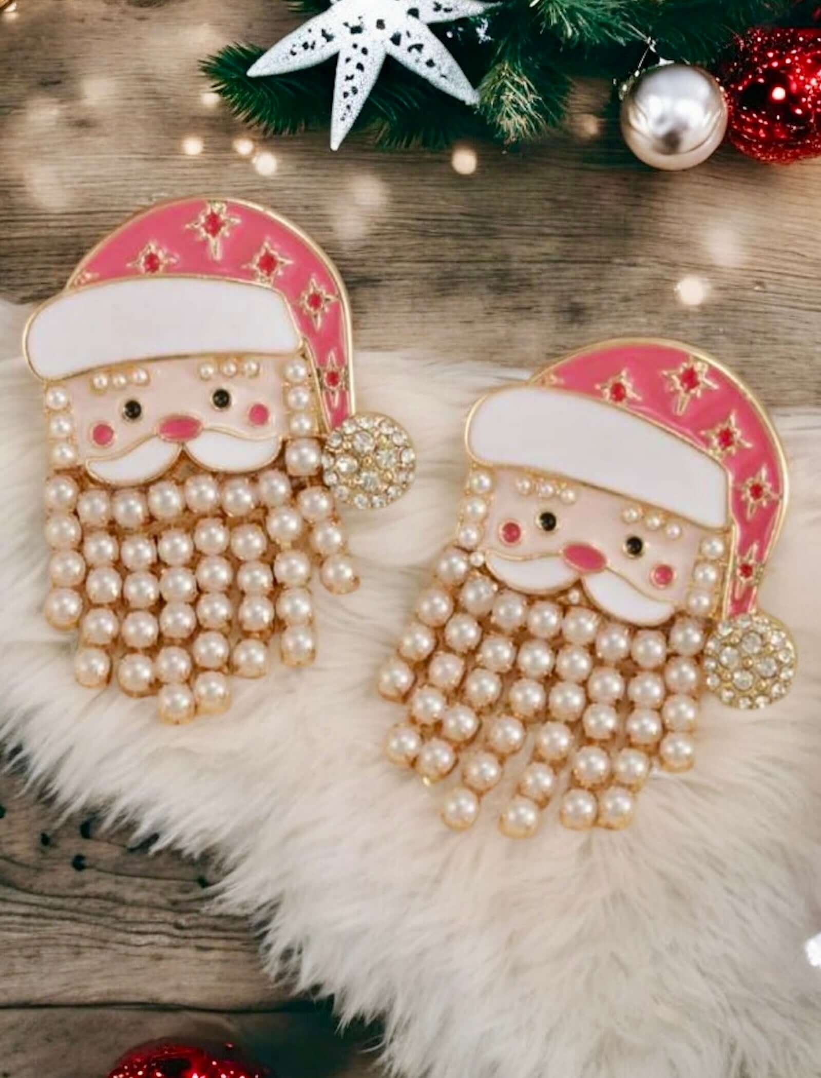 Festive Father Christmas earrings with pearl beads and rhinestones, perfect for holiday cheer and stylish outfits.