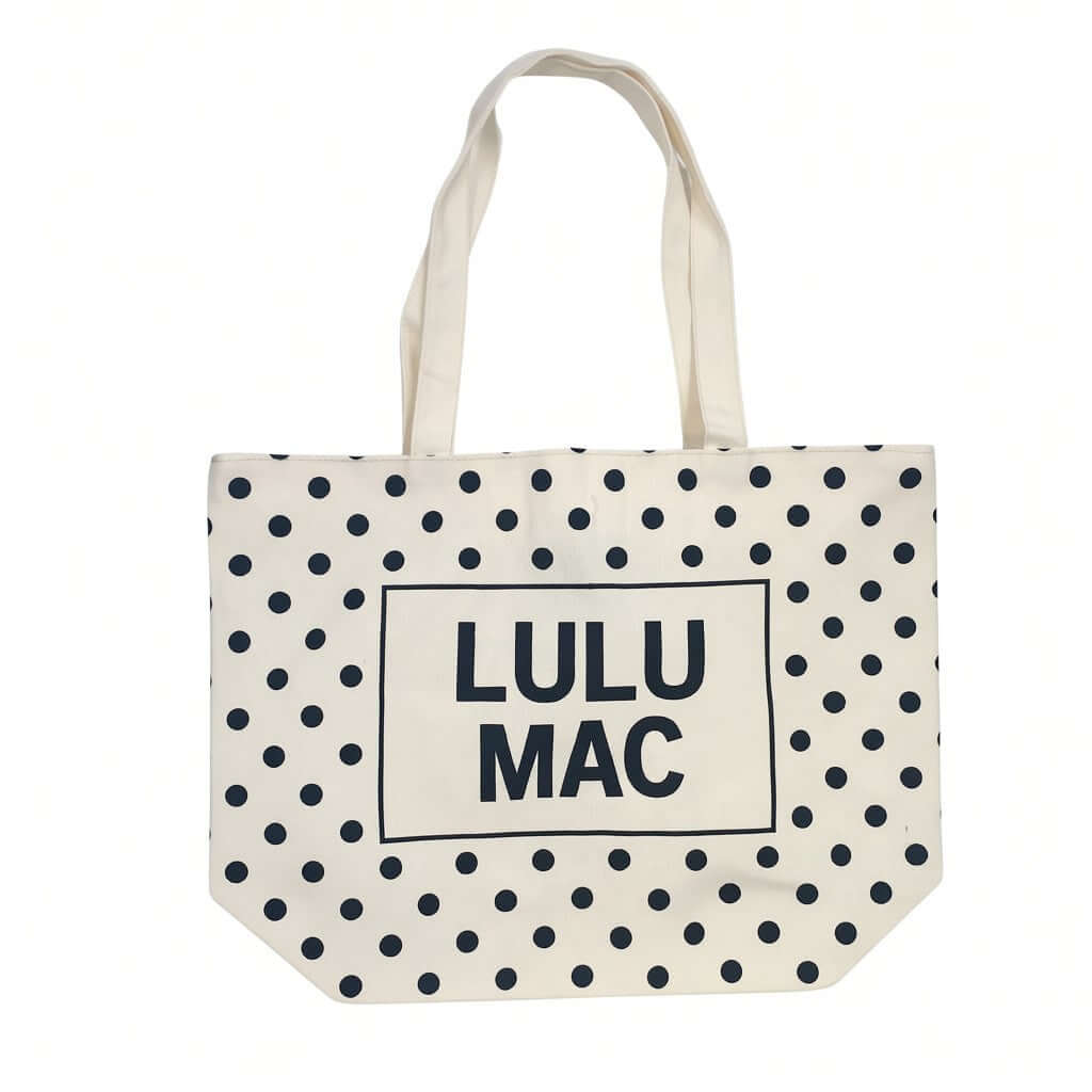 LULU MAC DOT & DASH TOTE BAG (4 colors) with playful polka dot design and signature logo.
