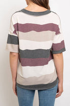 Back view of V Neck Lace Pocket Patch Stripe shirt in soft polyester blend with horizontal stripes in maroon and beige.