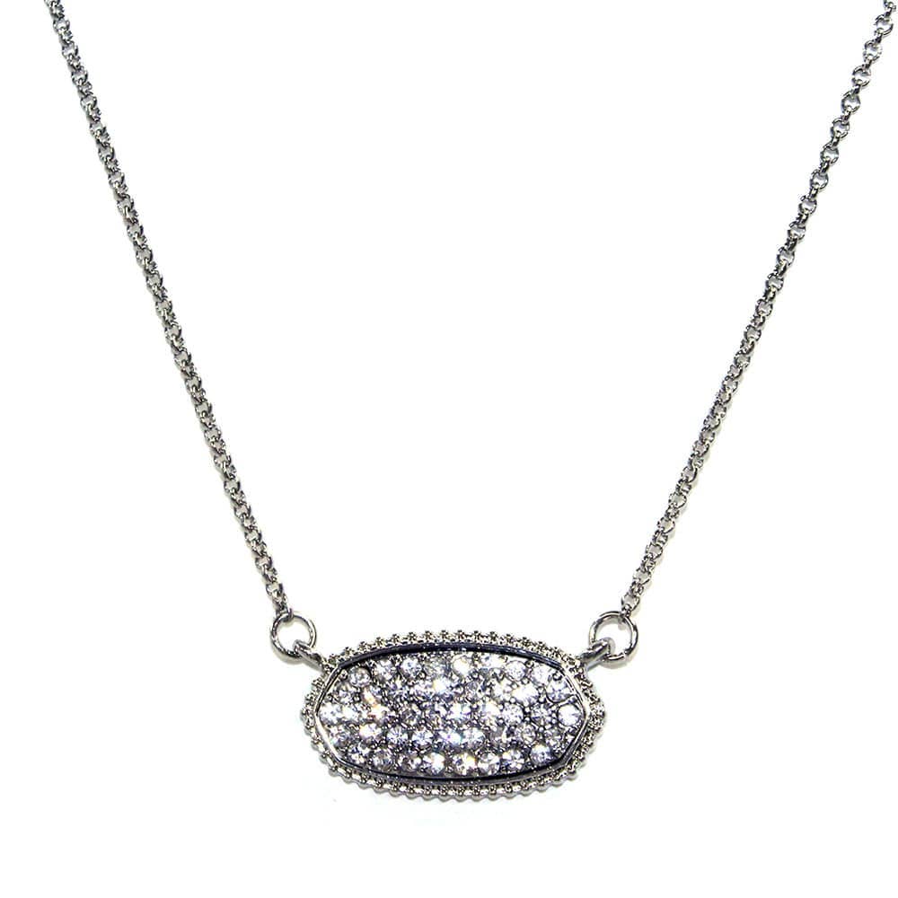 Silver druzy oval pendant necklace with textured sparkling stone on a delicate chain.