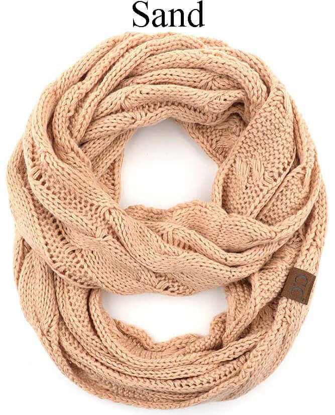 C.C Story Book Knitted Scarf in Sand color, cozy cable knit infinity scarf, soft 100% acrylic fabric.